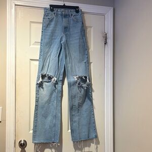 Zara Light Blue Distressed Wide-Leg Jeans